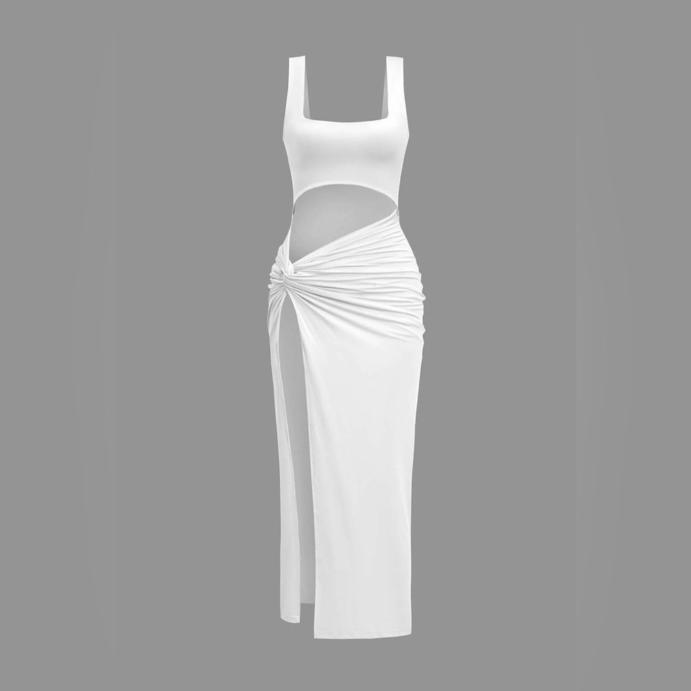Micas Elegant Cutout Sleeveless Square Neck Maxi Dress w Side Knot, White, Sz S